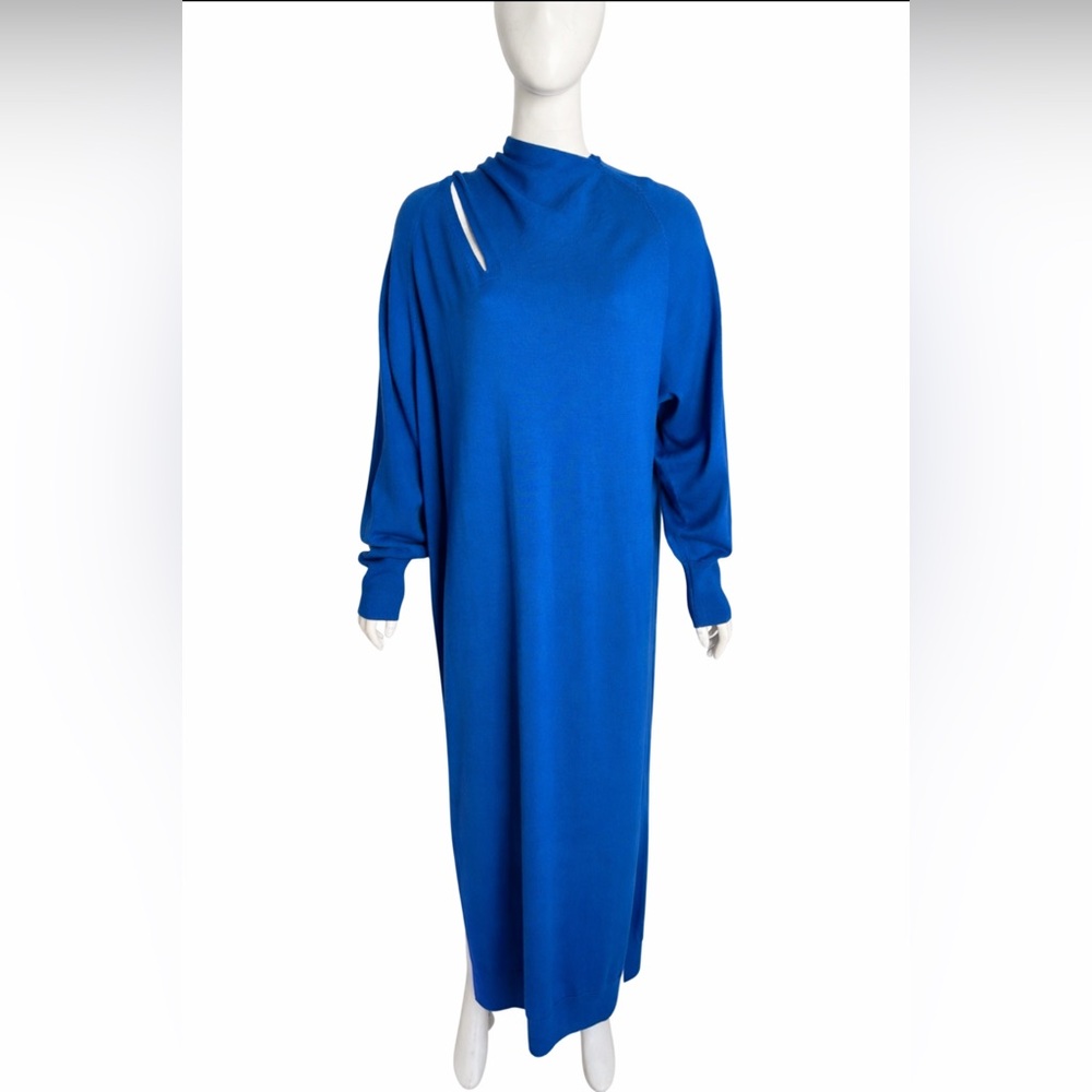 Cos Blue 100% Wool Knit Maxi Sweater Dress Scarf Neck M Quiet Luxury Minimalist - Picture 4 of 10